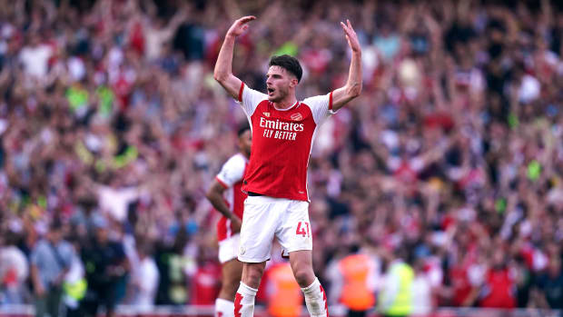 Declan Rice pictured celebrating after scoring his first ever Arsenal goal during a 3-1 win over Manchester United in September 2023